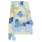 County results of 2000 Alabama Amendment 2. Blue counties voted for the amendment while yellow counties voted against it.