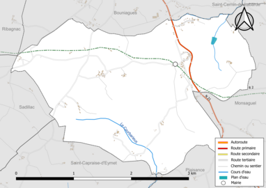 Carte en couleur présentant le réseau hydrographique de la commune