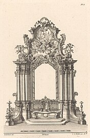 Rococo reinterpretations of the Corinthian order in an altar design, with asymmetric capitals and more sinuous S-shaped acanthuses, by Franz Xaver Habermann, 1740–1745, etching on paper, Rijksmuseum