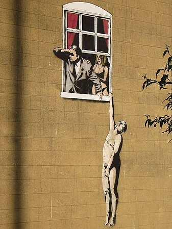 The lovers. Estêncil de Banksy, em Bristol, Inglaterra.