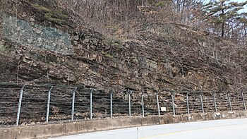 삼자현로 도로변 노두. 북동쪽으로 경사한다. 북위 36° 17′ 51.0″ 동경 129° 02′ 48.3″﻿ / ﻿북위 36.297500° 동경 129.046750° ﻿ / 36.297500; 129.046750