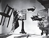 Salvador Dalí jumping while three cats fly through the air