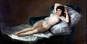 法蘭西斯科·哥雅的《裸體的馬哈》，97 × 190cm，約繪於1796－1798年，1901年始藏，來自皇家聖費爾南多美術學院[78]