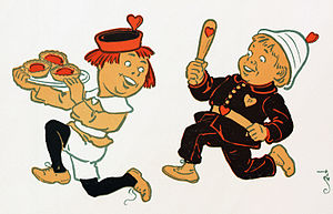 In the poem "The Queen of Hearts", the titular queen bakes some tarts, which are then stolen by the Knave of Hearts (shown here).