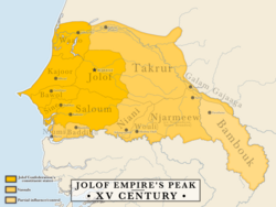 Map of the Jolof Empire's borders, including tributary states and territories of influence.