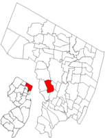 Location of Saddle Brook in Bergen County highlighted in red (right). Inset map: Location of Bergen County in New Jersey highlighted in red (left).