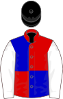Red and royal blue (quartered), white sleeves, black cap