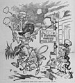 Image 81903 editorial cartoon by Bob Satterfield, depicting Arizona and New Mexico as crazed gunfighters intent on gaining access to the "E pluribus unum tavern". (from History of Arizona)