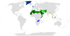 Nations with Christianity as their state religion are in blue.