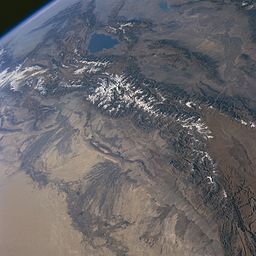 Tian Shan Mountains from space, October 1997, with Lake Issyk-Kul in Kyrgyzstan at the upper (northern) end