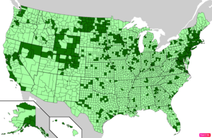 Counties in the United States by median family household income according to the U.S. Census Bureau American Community Survey 2013–2017 5-Year Estimates.[257] Counties with median family household incomes higher than the United States as a whole are in full green.