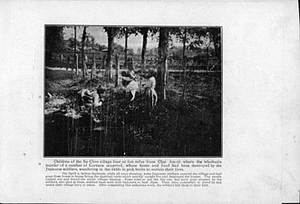 Children of the Su-Chon village four or five miles from Chai Am-ni where the wholesale murder of a number of Koreans occurred, whose home and food had been destroyed by the Japanese soldiers, wandering in the fields to pick herbs to sustain their lives.(몇몇 조선인에게 일어난 대량학살이 일어난 제암리로부터 약 4~5마일 떨어진 곳에 위치한 수촌마을에서 집과 음식을 파괴당한 이들이 목숨을 부지하기 위해 약초를 뜯으러 풀밭을 돌아다니고 있다.)