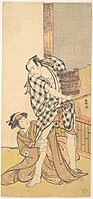 「鮓屋」　五代目市川團十郎の権太、四代目岩井半四郎のおさと。天明4年（1784年）7月、江戸中村座。勝川春好画。