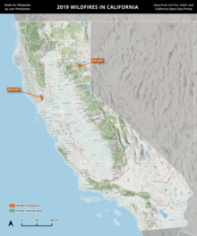 A map of wildfires in California in 2019, using Cal Fire data