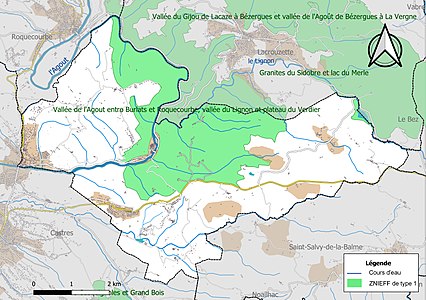 Carte des ZNIEFF de type 1 sur la commune.