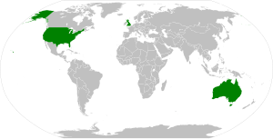A world map with Australia, the United Kingdom, and the United States coloured in green; all remaining countries are in grey