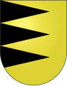 Municipal arms of Bassecourt (Switzerland): Or, three piles issuing from dexter sable. A pile can also issue from the sinister.