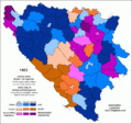 Stanovništvo BiH prema popisu iz 1953. Hrvati - narančasta, Srbi - plava, neopredjeljeni Jugosloveni - ljubičasta