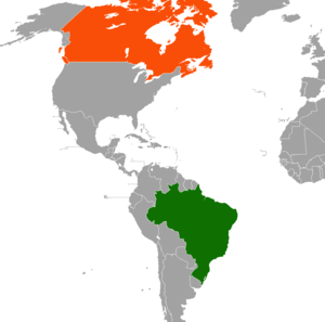 Mapa indicando localização do Brasil e do Canadá.