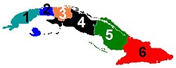 The 6 main provinces of which Cuba is divides into. Ciudad de La Habana is highlighted as blue.