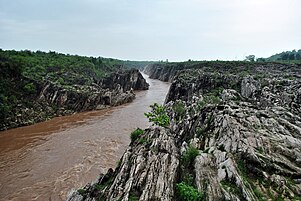 The River Narmada flows through a gorge of marble rocks in Bhedaghat, Jabalpur