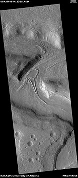 Glaciers moving in two different valleys, as seen by HiRISE under HiWish program