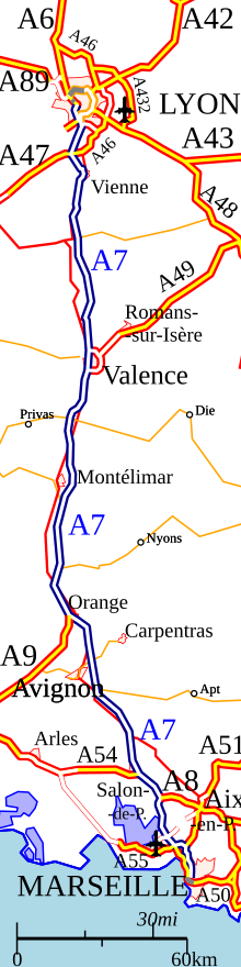 Carte détaillée de l'autoroute A 7