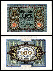 One-hundred Mark at German Papiermark, by the Reichsbankdirektorium Berlin