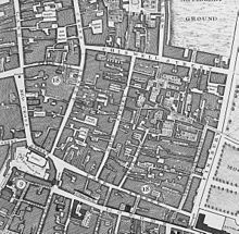 A hand-drawn colourless map shows a narrow network of streets and alleys. Each is named. The Church of St Giles is visible, as are parts of Moorfields to the east.