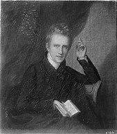 Black and white rendering of an oil painting of a young white man of slight frame with white hair