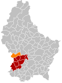 Map of Luxembourg with Heffingen highlighted in orange, and the canton in dark red