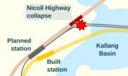 Original route of the Circle Line (grey) following Nicoll Highway (pink), and the realigned route (orange)