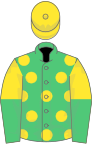 Emerald green, yellow spots, yellow and emerald green halved sleeves, yellow cap