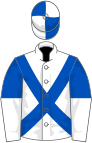 White, royal blue cross-belts, royal blue and white halved sleeves, quartered cap