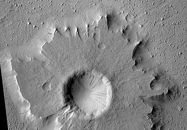 Pedestal crater in Amazonis with Dark Slope Streaks, as seen by HiRISE