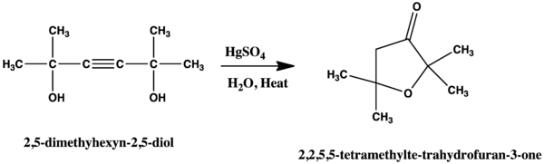 Conversion of 2,5-dimethylhexyne-2,5-diol to 2,2,5,5-tetramethylte-trahydrofuran-3-one