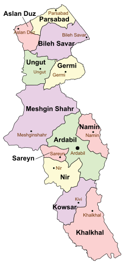 Location of Ardabil County in Ardabil province (center, green)