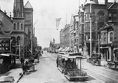 Another view of Broadway looking south from 2nd St. showing a cable car, c.1893-1895