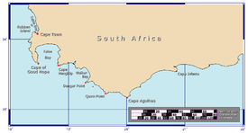 Mapa com o Cabo das Agulhas e o Cabo da Boa Esperança