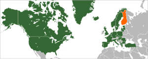 Mapa indicando localização {{{preposição1}}} OTAN e {{{preposição2}}} Finlândia.