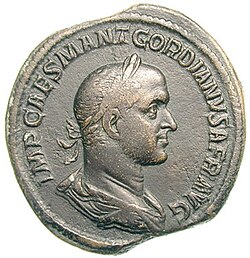 Grey coin depicting Gordian II