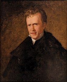 Color oil painting of a young white man with light brown short wavy hair and a plain countenance