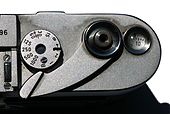 The Leica M3 shutter speed dial, film advance lever, shutter button and the frame counter.