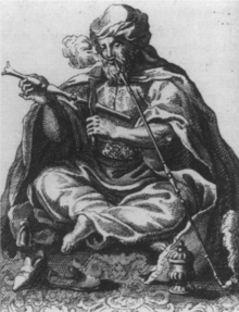 A black-and-white portrait sketch of a seated Bedouin chief in Palestine smoking a pipe