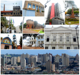 Da esquerda para a direita: Edifício Prada, sede da prefeitura de Limeira; Loja Maçônica Fraternidade de Limeira; Edifício Centro Empresarial; Obelisco dedicado aos soldados limeirenses de 1932; Fórum Spencer Vampré; Gruta municipal; Igreja de Santa Teresa de Lisieux; Palacete Levy; vista da cidade