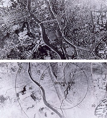 שני תצלומים אוויריים של העיר היפנית נגסאקי, לפני הטלת הפצצה הגרעינית "איש שמן", ב-9 באוגוסט 1945, ולאחריה.