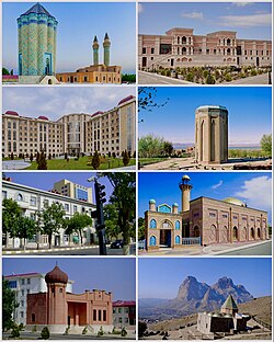 Landmarks of Nakhcivan, from top left: Garabaghlar Mausoleum • Khan Palace Nakhcivan Hospital • Momine Khatun City Centre • Juma Mosque Feminine Centre • Nakhcivan Mountains