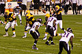 A game in 2008. Visible for the Ravens are CB Corey Ivy (35), LB Bart Scott (57), and CB Chris McAlister (21). Ben Roethlisberger takes the snap.