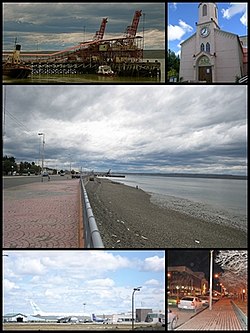 The Harbour of Rio Gallegos, Our Lady of Luján Cathedral Parish, Gallegos river, Rio Gallegos airport and San Martín Avenue