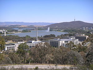 Russell Offices with Lake Burley Griffin and Mount Ainslie visible in background.